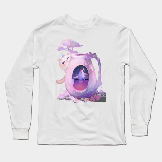 Cat and Whale Long Sleeve T-Shirt by Miya Gu Art